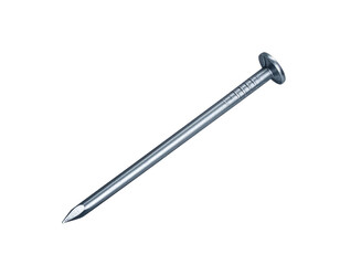 A shiny steel nail isolated on black, showing a head, shaft, and sharp point