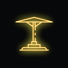 Bright yellow neon sign of a beach umbrella is glowing on a black background