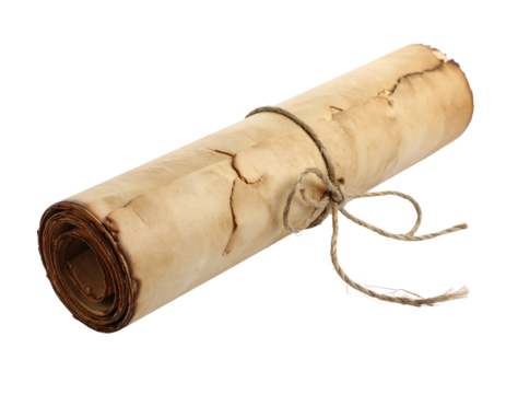 Rolled, aged parchment tied with twine, appearing ancient, against a black backdrop