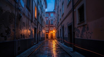 Fototapeta premium Enchanting Twilight Alley - Wet Cobblestones Mirror Warm Window Glow in Historic City.