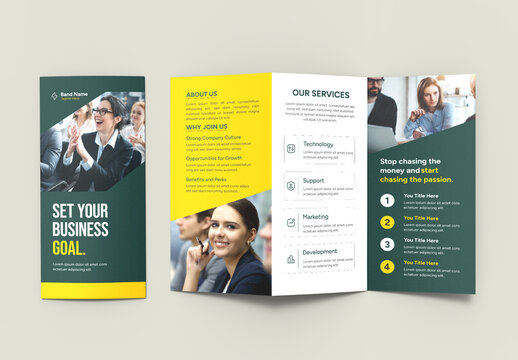 Yellow and Dark Green Business Consulting Trifold Brochure Design