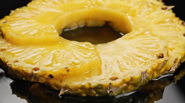 Sliced pineapple ring with juicy texture on dark reflective surface