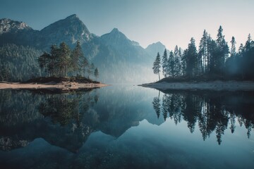 Naklejka premium A still lake reflects the mountainous landscape and wooded shores, creating a symmetrical and serene image that captures the tranquility of nature.