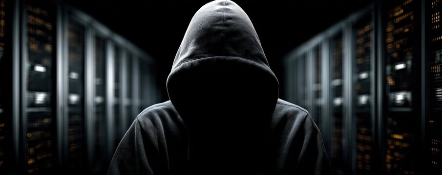 A mysterious figure in a hooded sweatshirt stands in a dark server room, surrounded by illuminated data storage units.