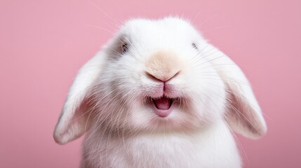A cute white rabbit with a joyful expression, set against a soft pink background, exuding charm and playfulness.