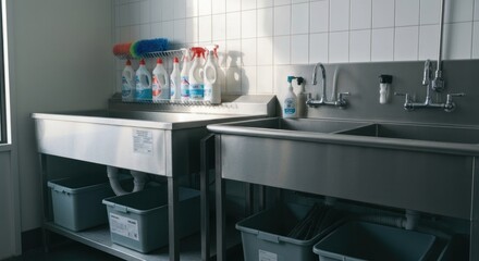 Commercial kitchen sinks & cleaning supplies under bright light