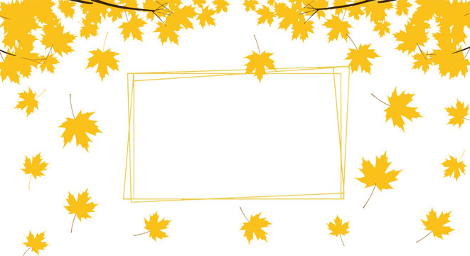 Autumn maple leaves falling and bordering a blank golden frame on a white background, creating a festive fall-themed template for text.
