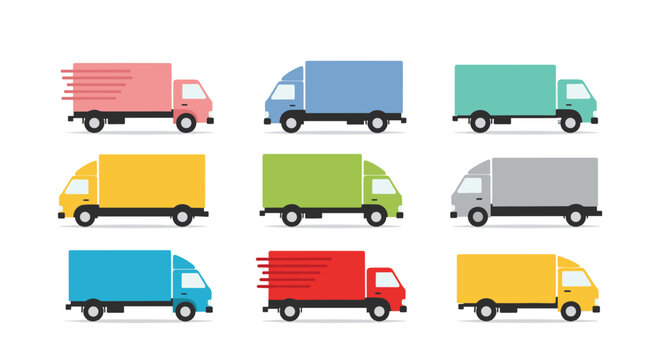 A collection of colorful flat vector delivery trucks, including fast express delivery vehicles, illustrating shipping and logistics services.