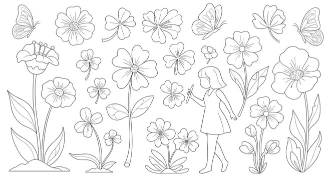A collection of dotted outline illustrations for tracing and coloring, featuring flowers, butterflies, shamrocks, and a girl.