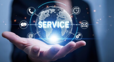 Digital service concept with a hand holding a globe with service icons around it