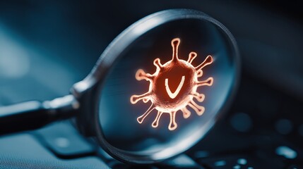 A close-up view of a virus magnified under a microscope, highlighting its structure and features on a blurred background.