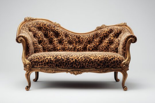 Luxurious settee featuring a striking leopard print fabric and ornate gold trim, perfect for adding a touch of wild elegance to any interior.