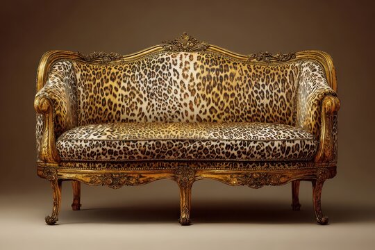 An ornate gold sofa with elaborate carvings and leopard print upholstery exudes luxury and style, blending classic design with exotic flair.