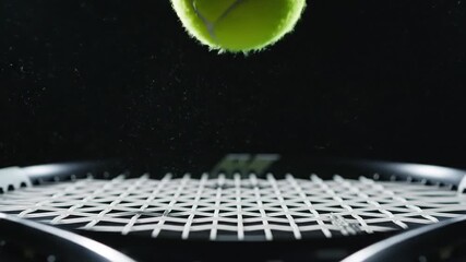 Tennis ball in mid-air racket in dark sports setting