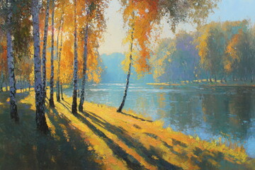 Painting forest sunlight. Bright sun rays in forest shining through trees sunny illustration.