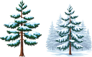 Winter pine trees illustration with snow-covered branches, cold forest landscape, seasonal nature background, frosty evergreen woods, snowy Christmas scene