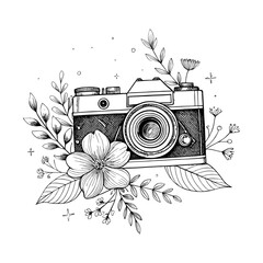 Black and white line art camera with flowers, minimalist hand-drawn vintage photography illustration with botanical aesthetic design