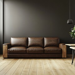 A brown leather sofa against a dark wall creates a cozy vibe