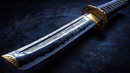 A beautifully designed katana lies on a deep blue backdrop, reflecting skilled artistry