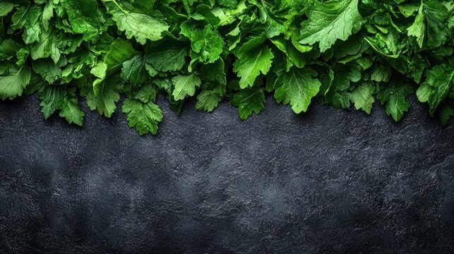 Lush green leaves are beautifully laid out atop a rugged dark stone background