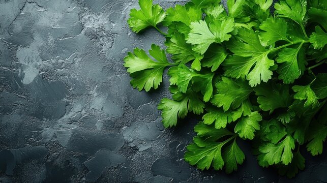 Fresh green cilantro leaves rest on dark stone, ideal for cooking or garnish