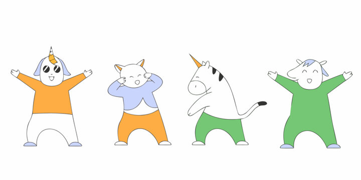 Set of cute cartoon characters in dub dance poses. Hand drawn unicorn, cat, chicken, cow doing dabbing. Vector Illustration for kids isolated on white background. 