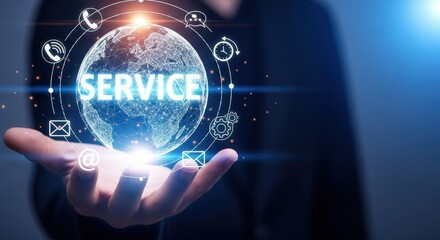 A person holding a digital globe with the word service in front of a dark background