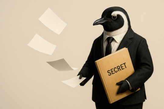 Penguin in a business suit with the book The Secret. Space for text.
