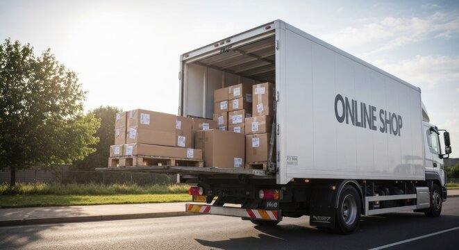 Delivery truck with "Online Shop" on the side, loaded with cardboard boxes