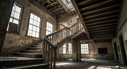 Obraz premium Derelict interior with stairs, light streaming through windows, aged wood
