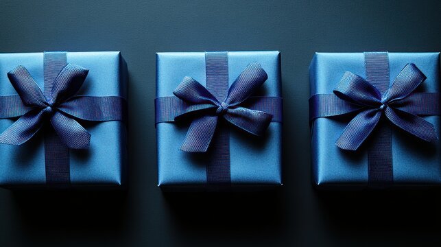 Three stylish blue gifts with bows on a dark background, ideal for any occasion
