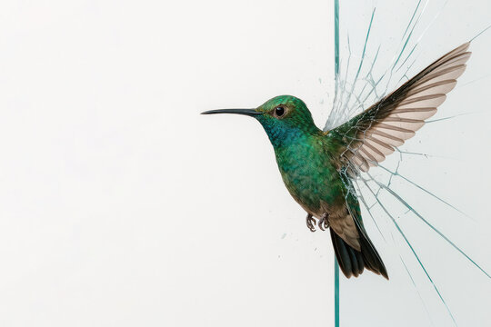 A hummingbird breaks through the glass. Space for text.