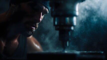 A focused sweating man operates a drill press in a dimly lit industrial workshop highlighting the intensity of manual labor