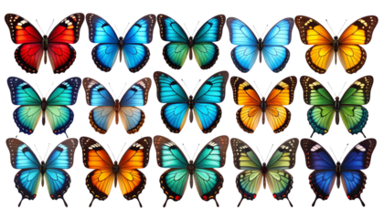 Collection of Bright Colorful Butterflies Isolated on Transparent Background, PNG