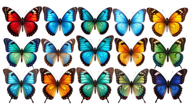 Collection of Bright Colorful Butterflies Isolated on Transparent Background, PNG