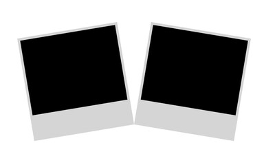 Two blank polaroid photo frames with white borders and black centers isolated on clean white background for mockup and scrapbook design on transparent background