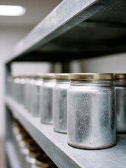 Row of metal jars on a shelf in an industrial setting