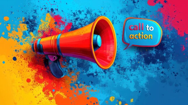 A bright megaphone stands out against a colorful background, urging viewers to engage