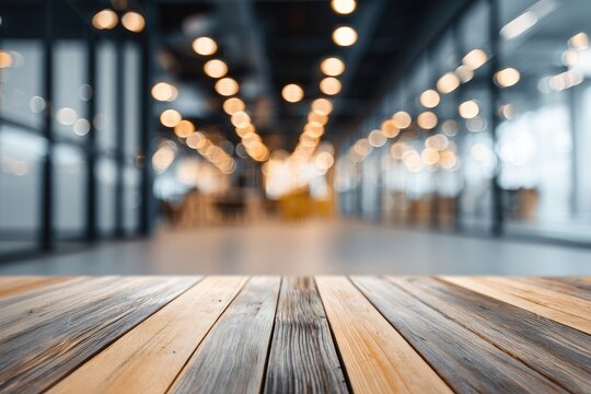 Blurred modern office interior with wooden foreground