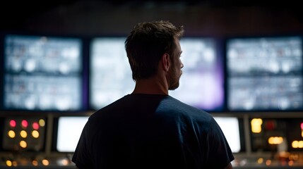 Man intently monitors a wall of screens in a high tech control room