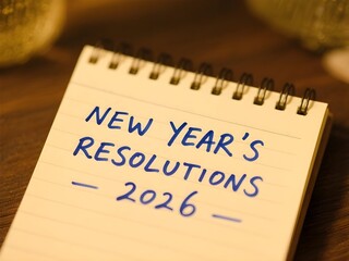 Person's hand writes on a notebook paper about the 2026 new year's resolution