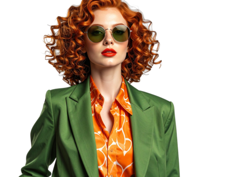  A stylish woman with curly red hair wearing sunglasses, a green blazer, and an orange patterned shirt against transparent background - Powered by Adobe