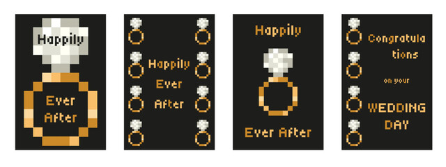 Naklejka premium Wedding greeting card collection. Vector Pixel art simple gold ring with Pixel bit effect diamond and Wedding typography template design. Perfect Wedding Shower poster set. Editable EPS 10