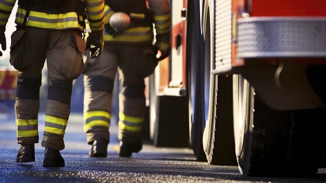 A firefighter walks towards a parked fire truck on the street