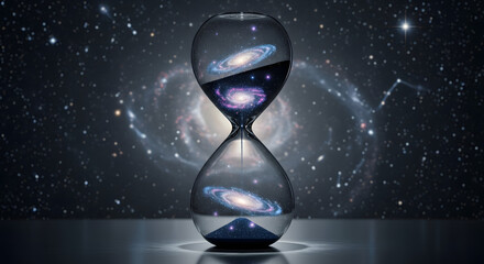 Hourglass with galaxy inside, time and space concept, cosmic background