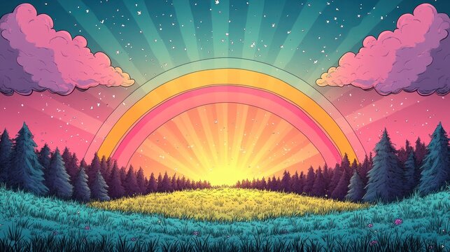 A sunset paints warm colors over a green field with a rainbow and fluffy clouds