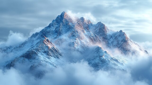 Snow covered peaks emerge from misty clouds at dawn, creating a stunning landscape