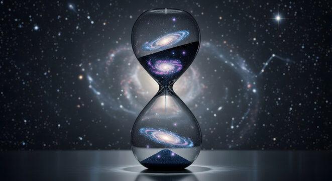 Hourglass with galaxy inside, time and space concept, cosmic background