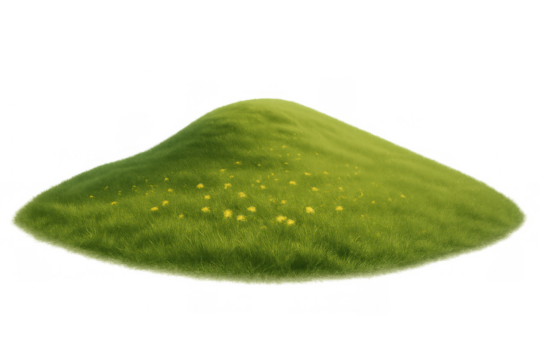 Green grass mound with blooming yellow flowers against transparent background for nature and growth concepts
