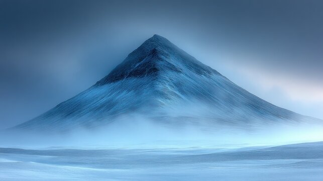 A stunning mountain rises under a veil of fog and snow during the evening twilight - Powered by Adobe